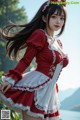 A woman in a red and white dress posing for a picture.