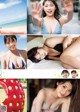 A collage of photos of a woman in a bikini.